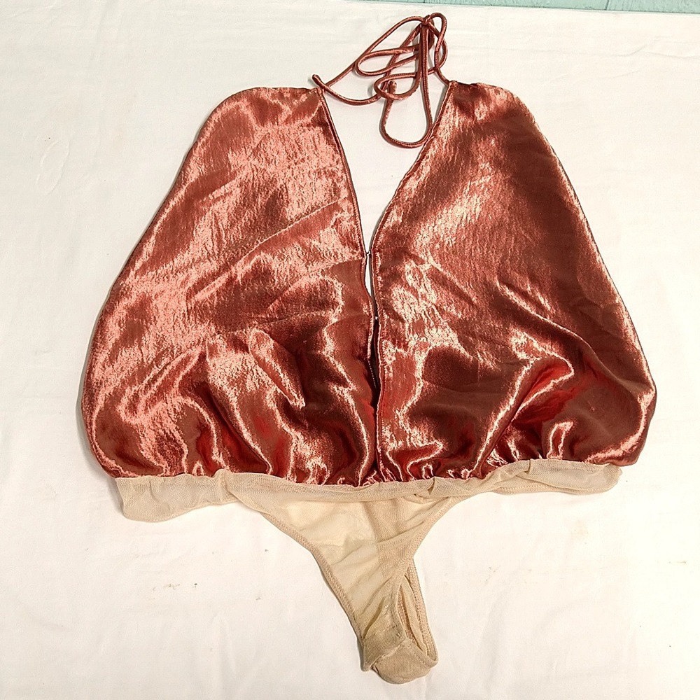 Free People Bodysuit Women Medium Copper Halter Shimmer Satin Blouson